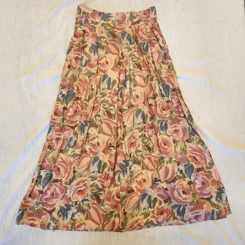 Vintage Leslie Fay Sportswear Floral Maxi Skirt Pink Blue Rayon Union Made Sz 8